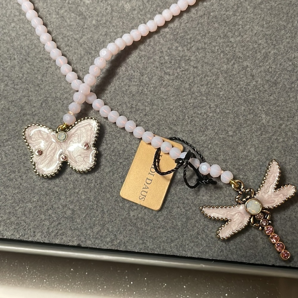 Pink rope necklace w/butterfly & dragonfly pendants by Heidi Daus - Picture 6 of 8